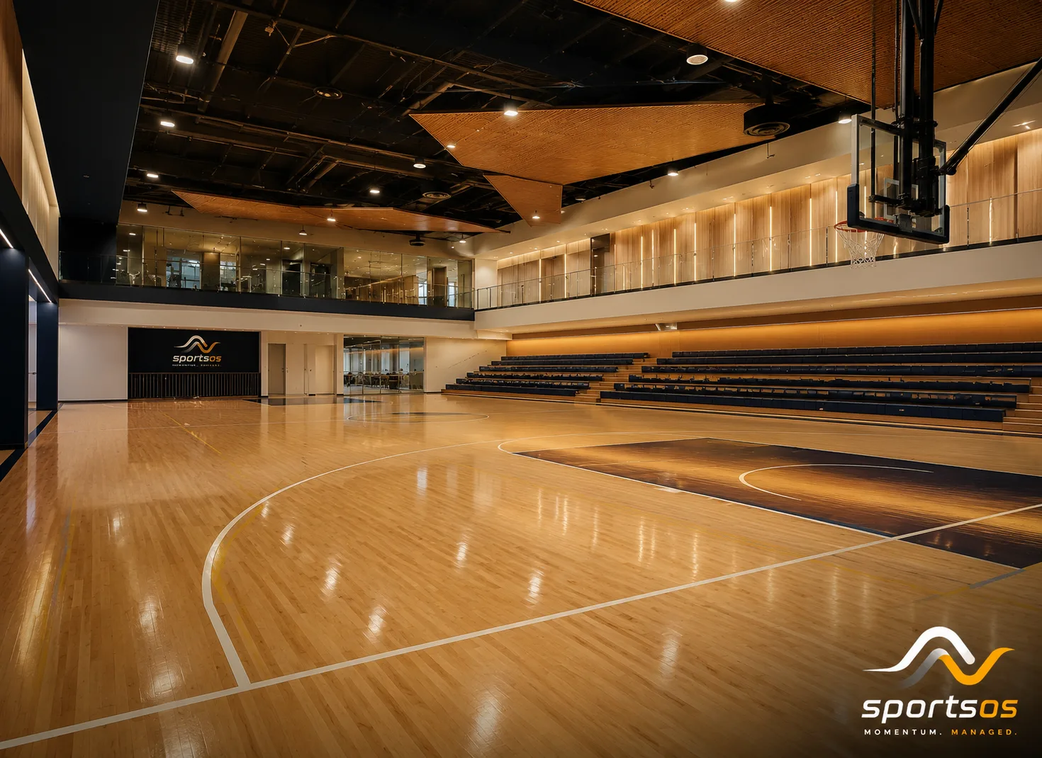 Indoor maple hardwood basketball court