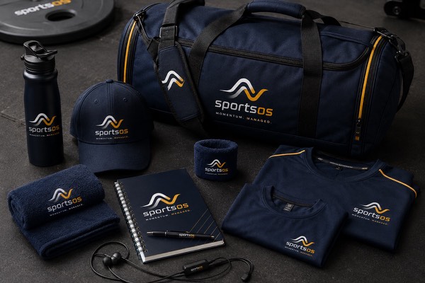 Branded sportsOS corporate gift kit including duffel bag, cap, water bottle, apparel, notebook and earphones