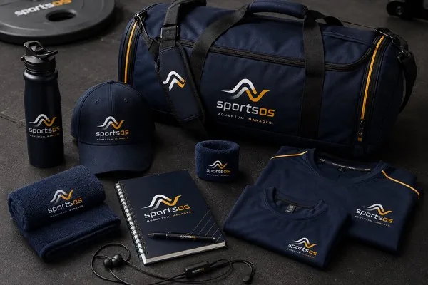 Branded sportsOS corporate gift kit including duffel bag, cap, water bottle, apparel, notebook and earphones