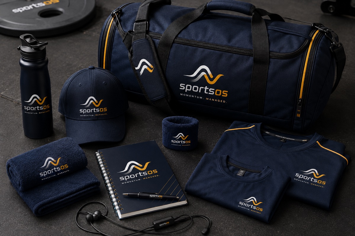 Branded sportsOS corporate gift kit including duffel bag, cap, water bottle, apparel, notebook and earphones