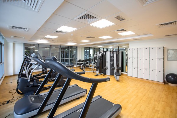 Spacious corporate gym interior with treadmills and fitness equipment