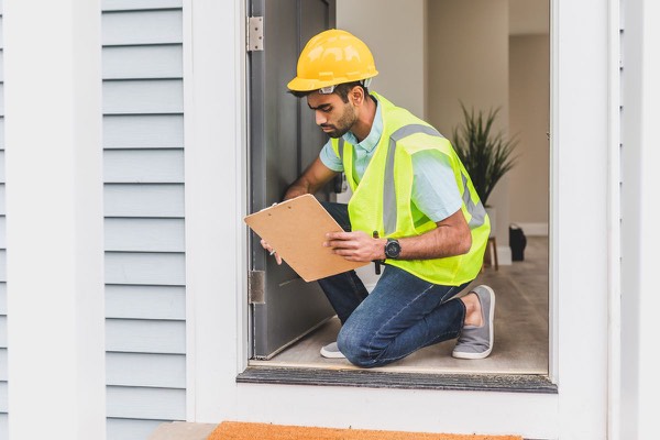 Facilities inspector in safety gear reviewing a checklist during a site examination