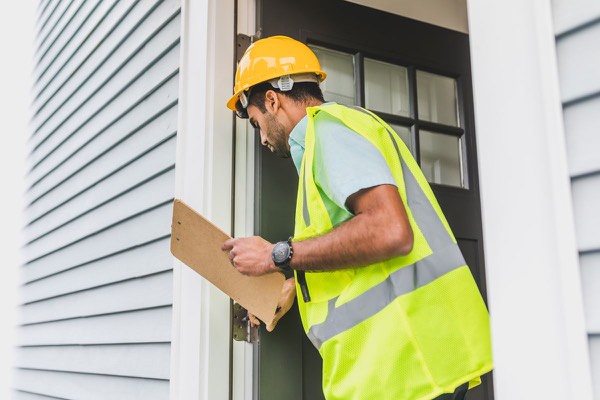 Facility inspector in a hard hat checking a doorway with a clipboard