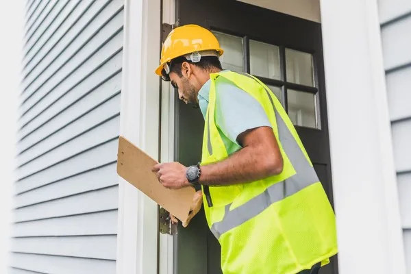 Facility inspector in a hard hat checking a doorway with a clipboard
