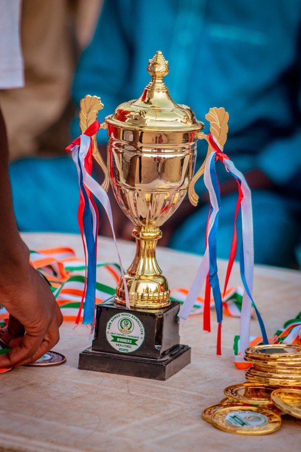Gold trophy displayed alongside medals at a sports awards table