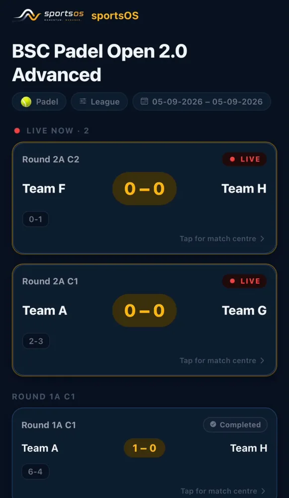 BSC Padel Open 2.0: an eight-team padel league moved off excel and run end to end on our platform, with live scoring and standings in real time